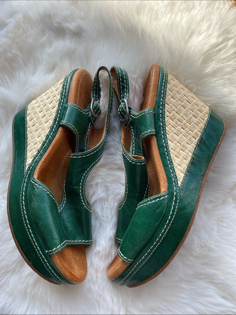 Naya Green Leather Wedge Sandals with Woven Raffia Panels